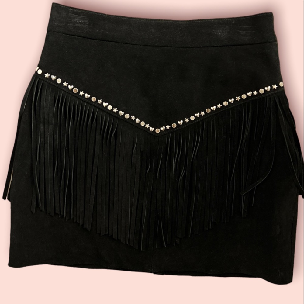 Maje Fringe Black Suede Skirt